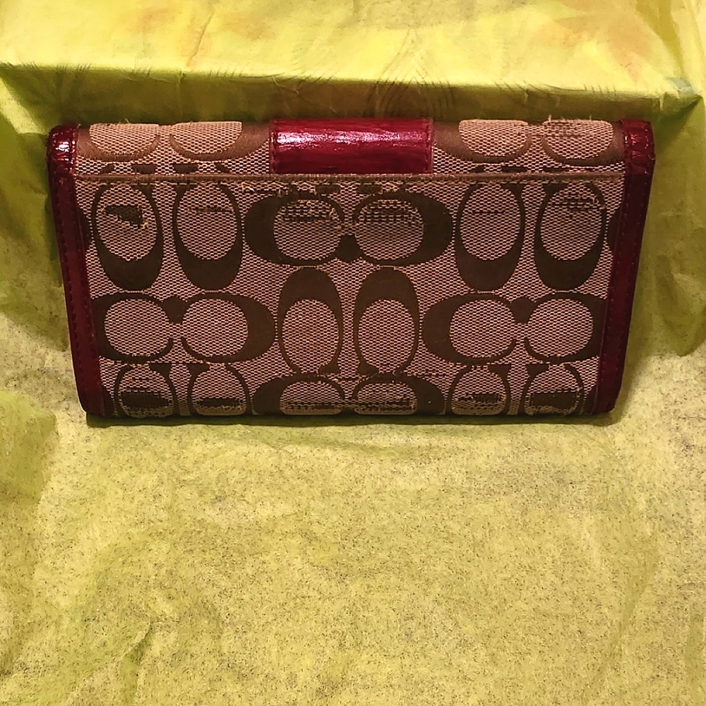 VINTAGE Coach Long Monogram & Leather Trim Flap Wallet Red 7.75 X 4 - Picture 4 of 15